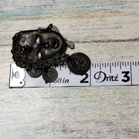 Unique Silver Metalic Mask Earrings with Key and Coin Accents - Picture 6 of 6
